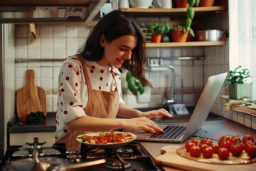 Canvas Print - Woman uses laptop in kitchen setting