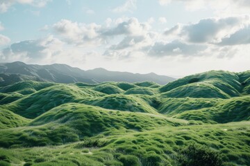 Wall Mural - A serene landscape featuring a field of green grass with mountains in the background