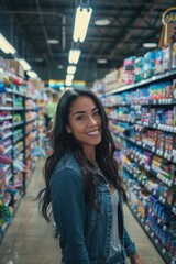 Fototapete - Woman shopping in a grocery store aisle with various products on shelves