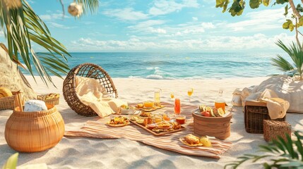 Wall Mural - Beach picnic with delicious food, drinks, and a wicker chair.