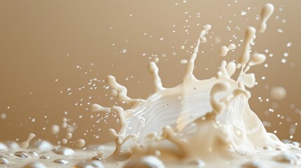 Wall Mural - A splash of milk on top of a table, with a glass and utensils nearby