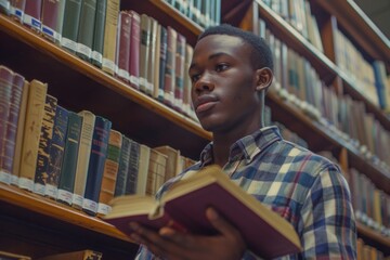 Wall Mural - A young man sitting at a table in a library, holding a book and deep in thought