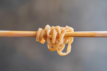 Wall Mural - Freshly cooked noodles served on a natural wooden stick, great for food photography or presentation