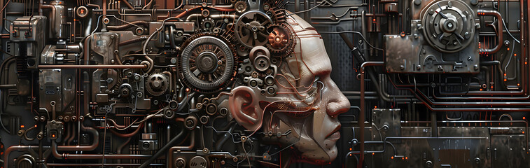 Mechanic's head filled with intricate gears and workshop background 