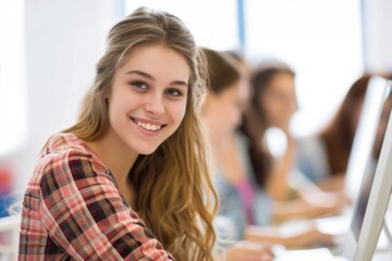 Wall Mural - A woman sits smiling in front of a computer