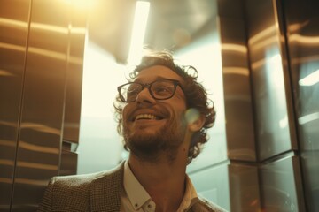 Poster - A person wearing glasses stands in an elevator
