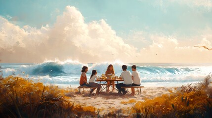 Four people enjoying a picnic on the beach with a view of ocean waves and a cloudy sky.