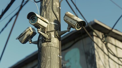 Poster - Two security cameras mounted on a telephone pole providing outdoor surveillance and monitoring capabilities
