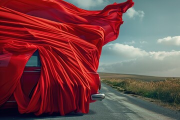 Canvas Print - A car is stuck on the side of the road, wrapped in a bright red cloth