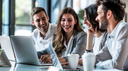 Poster - Group of people working together on laptops at a table, great for depicting a business or work environment