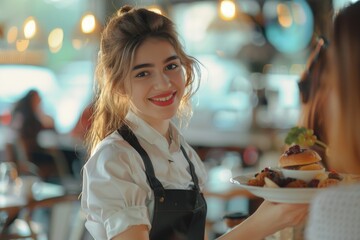 Poster - A woman serving herself from a plate of food in a restaurant