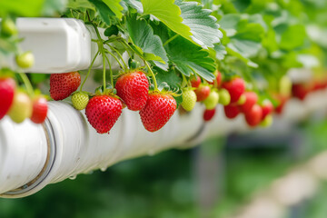 Wall Mural - Strawberries growing in a vertical farm, strawberries hanging on a white metal beam, with green leaves and flowers. Close-up shot, focused on the center of the strawberries