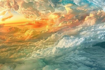 Wall Mural - A plane flies through a cloudy sky as the sun sets in the background, capturing the beauty of flight and nature