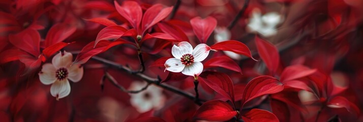 Canvas Print - Dogwood tree with small white flowers in autumn