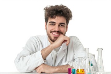 Sticker - A scientist sitting at a table with various equipment and papers