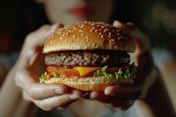 Wall Mural - Close-up of a person holding a hamburger