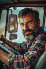 Poster - A person with a beard driving a vehicle, suitable for use in illustrations or photography related to transportation or occupations
