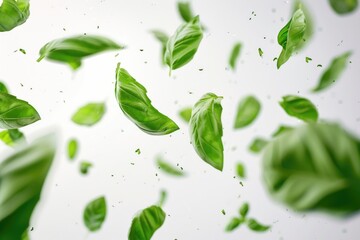 Aufkleber - Aerial view of green leaves suspended in mid-air, capturing their delicate movement and texture