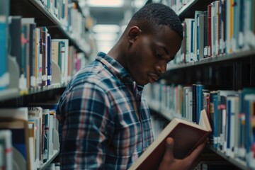 Wall Mural - A person sitting in a quiet library, engrossed in a book