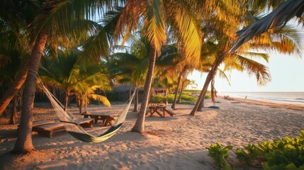 Wall Mural - Hammock strung between two palm trees on a sandy beach.