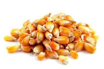 Canvas Print - A close-up view of a pile of yellow corn kernels on a white surface, great for food or agriculture related projects