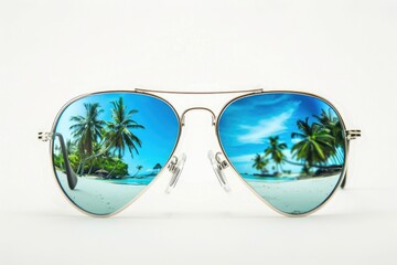 Poster - A pair of sunglasses reflecting palm trees, perfect for tropical vacations or summer vibes