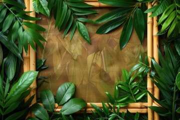 Poster - A natural bamboo frame surrounded by lush green leaves
