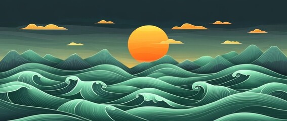 Poster - Green background line art illustration with an abstract design
