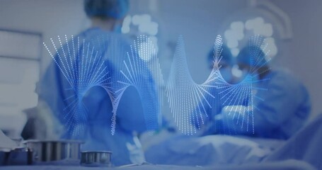 Wall Mural - Animation of dna strand spinning over diverse suergeons