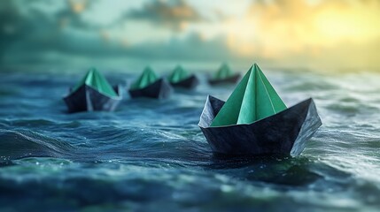 Sticker - A row of paper boats sail on a calm sea with a bright sunset in the background.