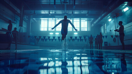 Olympic swimmer in a sleek black suit dives into the pool