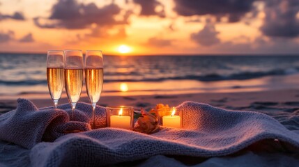 Wall Mural - Romantic beach sunset with champagne flutes and candles on a blanket.