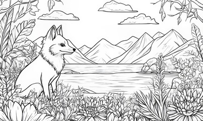 A cartoon fox appears on a coloring book page in line art