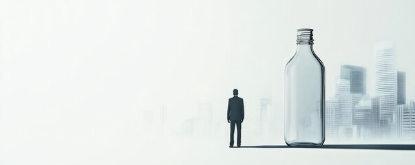 Man in suit standing beside large bottle in cityscape, minimalistic concept