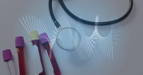 Canvas Print - Animation of dna strands over test tubes with blood and stethoscope