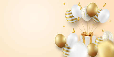 Wall Mural - Happy Birthday celebration card. Design with gold balloons and gift box. luxury gold soft background. vector.