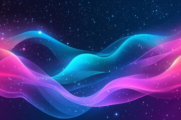 A dark retro futuristic neon abstract background with a glowing galaxy and starry skies