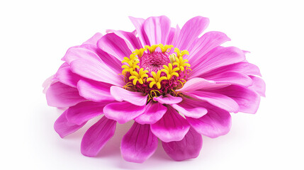 Pink zinnia flower, close-up macro shot of a blooming zinnia, vibrant pink petals with yellow center, floral beauty, natural elegance, botanical photography concept