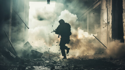 Intense action scene with soldier in ruined building, smoke filling the air, dramatic atmosphere, military concept