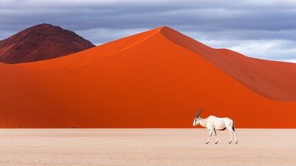 A lone goat standing in the middle of a desert with red sand, AI