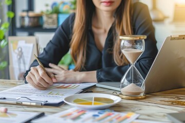 Poster - A young woman focused on analyzing colorful data charts, jotting down notes with a pen, while an hourglass and laptop are present in her well-lit workspace.
