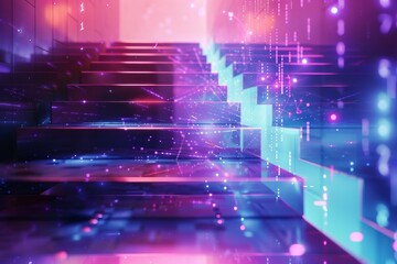 Poster - A vibrant stairway glows with colorful lights and digital motifs, creating a futuristic atmosphere that suggests movement and progress in an urban space.