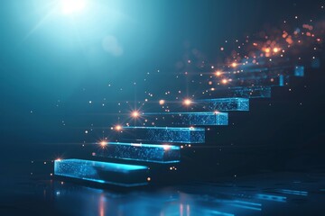 Poster - A bright blue staircase glimmers with sparkling lights descending into a dark space, casting an ethereal glow that evokes a sense of wonder and magic.