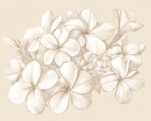 The vintage drawing style illustrates a flowering shrub featuring Bouvardia's layered petals and opposite leaves