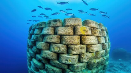 Wall Mural - A group of fish swim around a large stone structure, AI