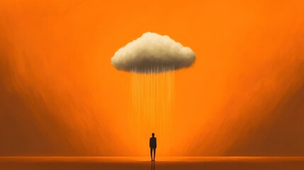 Poster - A person standing in a field with an orange sky and rain, AI