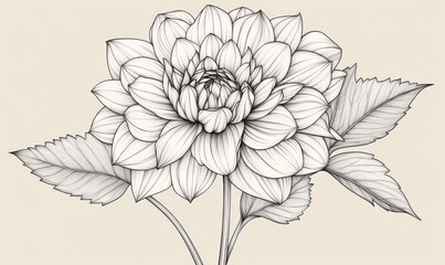 Dahlia flower in line art style displaying a vintage floral design hand drawn in black and white