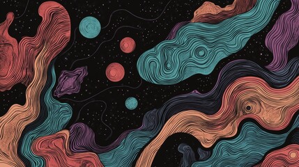 Poster - In this line art illustration, a black background is accompanied by vibrant abstraction patterns and rainbow colors, creating a whimsical effect with colored light for use in a variety of creative