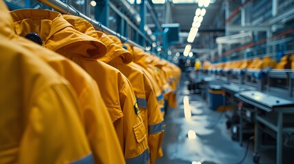 Wall Mural - Manufacturing of yellow coats in a factory using advanced technology