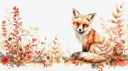 Wall Mural - Watercolor illustration of a fox sitting on the ground, surrounded by autumn florals.